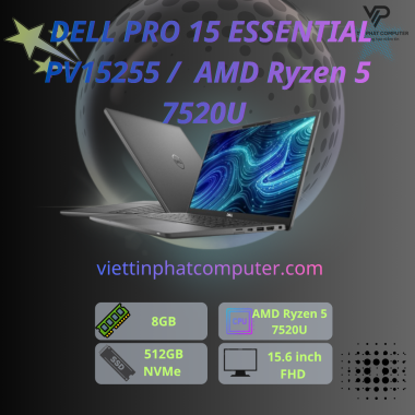 [ New] DELL PRO 15 ESSENTIAL PV15255 /  AMD Ryzen 5 7520U / Ram 8GB D5 / SSD 512GB /Màn hình 15.6 FHD /  Bàn phím US ENG/KB / Hệ điều hành  UBUNTU / Màu Black