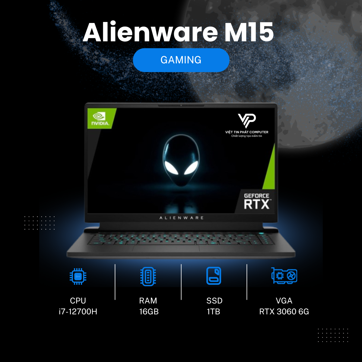[like New]  Alienware M15 / Intel Core i7-12700H 14 nhân 20 luồng /Ram 16G / SSD 1T NVMe / màn 15.6’’ 2.5K 240Hz / Card RTX 3060 6G/ Trọng lượng ~ 2.6kg
