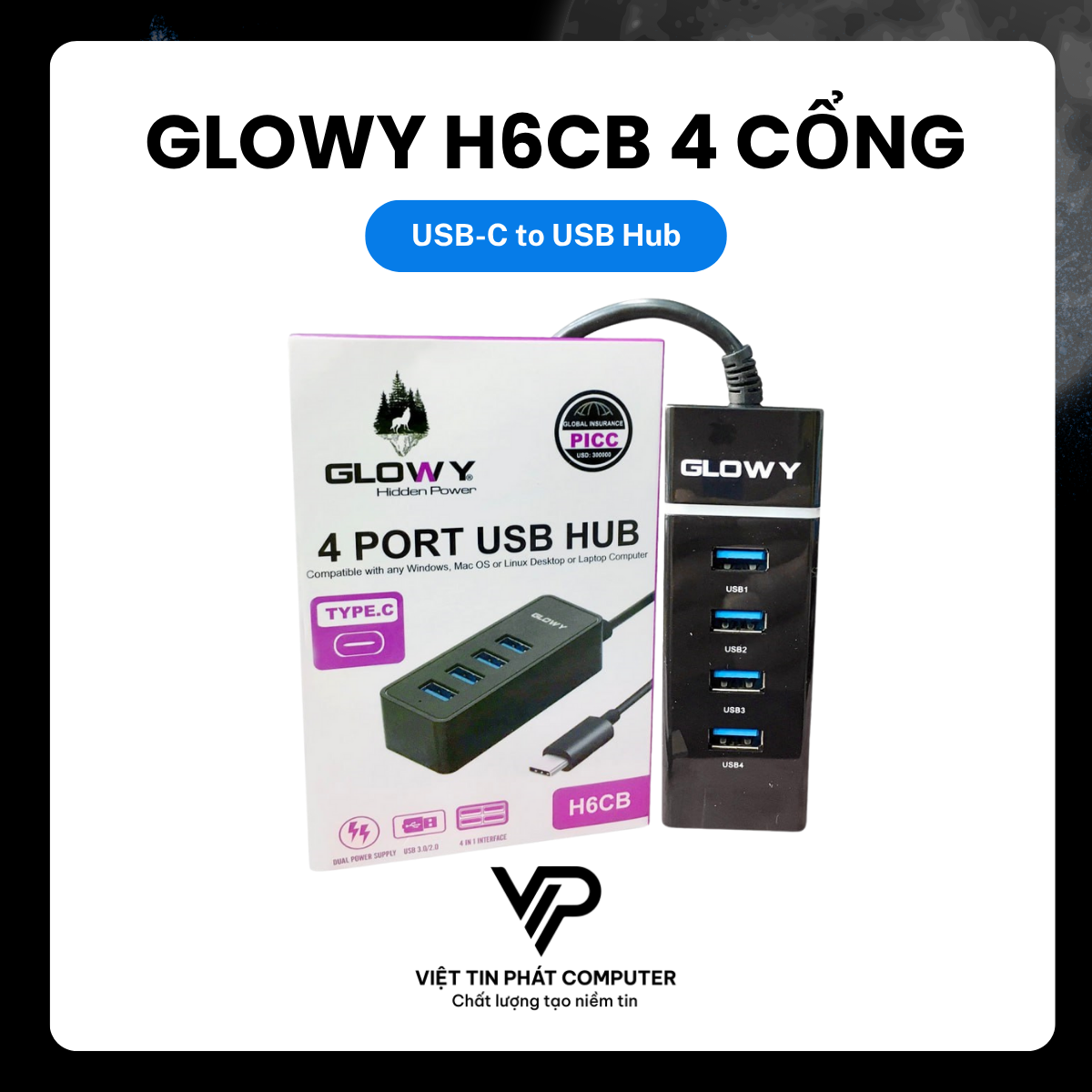 HUB 4PORT TYPE-C RA USB GLOWY H6CB