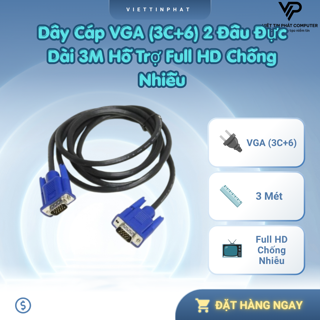 Dây Cáp VGA (3C+6) 2 Đầu Đực (Male To Male) Dài 3M Hỗ Trợ Full HD Chống Nhiễu