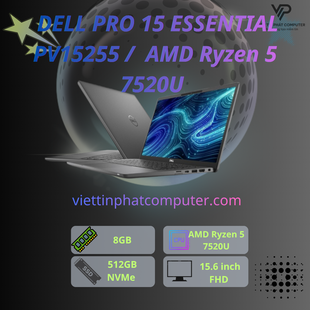 [ New] DELL PRO 15 ESSENTIAL PV15255 /  AMD Ryzen 5 7520U / Ram 8GB D5 / SSD 512GB /Màn hình 15.6 FHD /  Bàn phím US ENG/KB / Hệ điều hành  UBUNTU / Màu Black